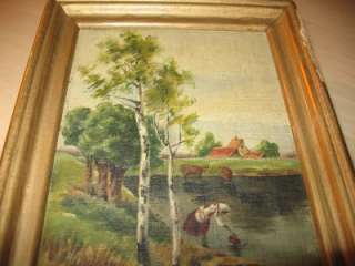 ANTIQUE SMALL OIL PAINTING RIVER CABIN COUNTRY WOMAN FARM WASHING 