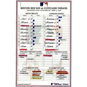  Red Sox at Indians 4 14 2008 Game Used Lineup Card (MLB 