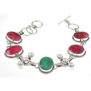   Silver CREATED EMERALD, RUBY Bracelet, 6.63 7.88, 25.6g Jewelry