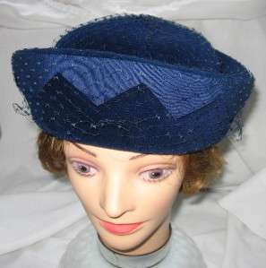 Vintage Dark Blue Pill Box Style Hat with Brim And Veil  