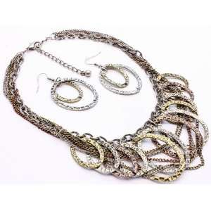  Tri tone Color Multi chains Rings Necklace/earring Set 