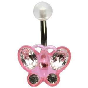  14G 3/8 Pink Butterfly and Gem Curved Barbell Jewelry