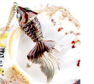 Art Deco movable brown enamel goldfish fish necklace  
