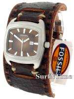 New Fossil Mens Vintage Wide Brown Leather Strap Cuff Brown Dial Watch 