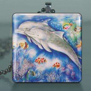   & Tropical Reef, Fish~ Large Square Glass Tile Pendant Art Necklace
