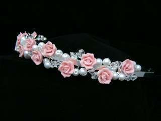 Pink Roses Wedding Bridal Crystal Pearl Tiara 9349  