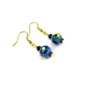Sky Blue Bead Dangle Earrings with Floral Pattern Decor and Accented 