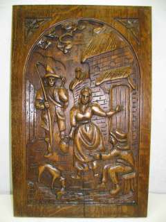 Old Antique Fine Hand Relief Carved Oak Wood Art Panel  