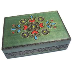 Wooden Box, 5075, Traditional Polish Handcraft, Hinged, Green with 