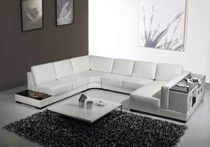   White Leather Sectional Sofa w Tables & Storage Shelves T 75  
