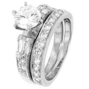  Silver Wedding Ring Set with Round Cubic Zirconia in Six Prongs 