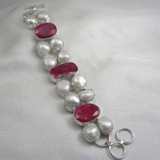 60 Gms Ruby, Biwa Pearl 925 Sterling Silver Bracelet Jewelry  
