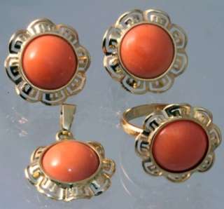 Italian pink coral 12 mm cabochon 14k gold earrings pendant ring. Size 
