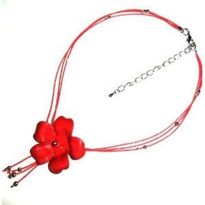  Tribe Red Leather Flower Necklace Jewelry