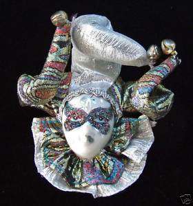 Porcelain Jester Face Mardi Gras Ornament Lady SILVER  