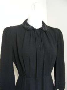   1940s Black Crepe Rayon Day Dress BEADED Collar Key Hole Neck S  