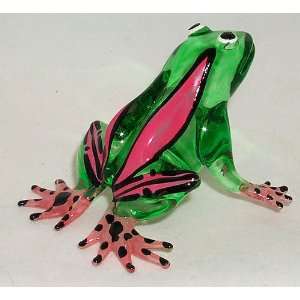  Frog, Glass Figurine, Large GREEN body RED STRIPE on back 