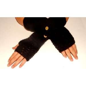  Fingerless Gloves handmade Knitted Wool long size black 