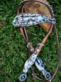 BRIDLE WESTERN LEATHER HEADSTALL HAIRON CRYSTALS AQUA  