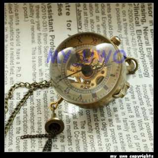 Antiqued Brass Glass Skeleton Mechanical Pocket Watch  