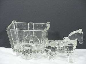 Clear Glass Horse Donkey Pony Pulling Lg Cart Candy Dish Planter Cache 