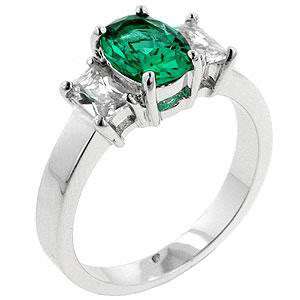  Emerald Cubic Zirconia Solitaire Ring with Clear Emerald Cut Shoulders