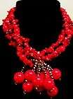 CHUNKY LAYERED CORAL RED DANGLING BALLS NECKLACE SET