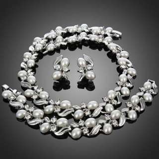 ARINNA Pearl Necklace Bracelet Earring Set Swarovski Crystal 18K White 