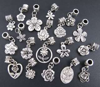 Wholesale 100p Mix Tibetan Silver Flowers Dangle Beads Fit Charm 