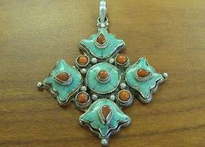 ANTIQUE STERLING TURQUOISE CORAL ORNATE CROSS PENDANT  