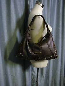 ISABELLA FIORE Brown Leather Studded Top Stitched Hobo Styled Handbag 