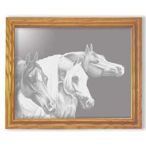  Etched Mirror Arabian Horse Heads Art in Solid Oak Frame 