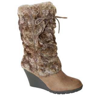   Fashion Faux Fur Shaft Lace Up Suede Mid Calf Wedge Boots Light Taupe