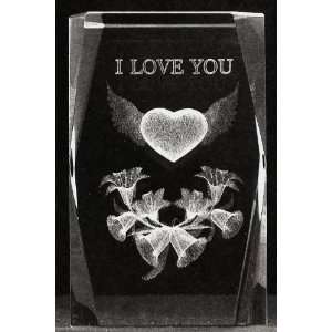 3d Laser Crystal Flying Heart with Flowers (I Love You) 5x5x8 Cm Cube 