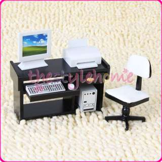 Dollhouse Miniature Computer PC Desk Chair Printer Set  