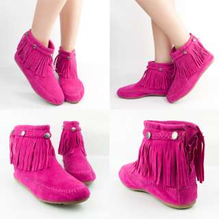   SUEDE ROUND TOE FRINGE MOCCASIN FLAT WOMENS ANKLE BOOTS BOOTIES  