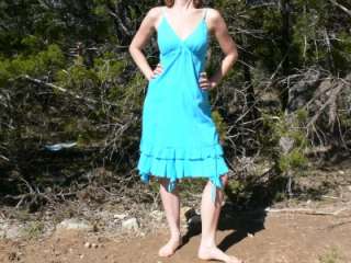 Cotton Gypsy Boho Sun Dress Smock Turquoise Medium  