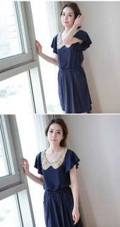 Korea Women round neck mini Dresses Blue Z673  