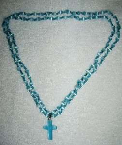 Vintage Turquoise Color Glass Cross Pendant Necklace  