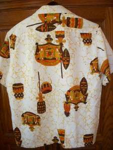 60s Vintage Hawaiian Shirt Tiki Mask Hawaiian Crest M L