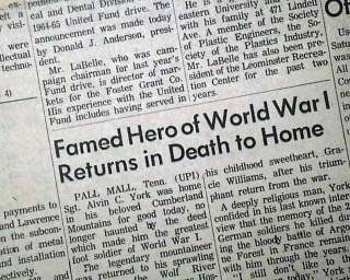 1964 Newspaper ALVIN C. YORK World War I WWI Hero DEATH 1st Rpt. Medal 