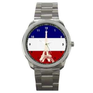 Eiffel Tower French Flag Silvertone Sports Metal Watch  