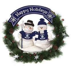 This Toronto Maple Leafs Team Snowman Christmas Wreath is accented 