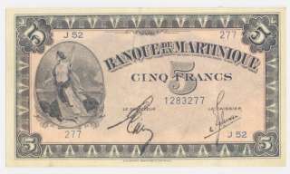 MARTINIQUE 5 Francs 1942 aXF *Allegorical woman* RARE  