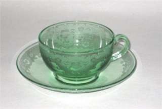 Fostoria Vesper Green Glass Deco Etch Cups&Saucers(4)  