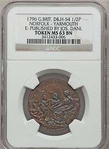 1796 Norfolk Yarmouth Half Penny MS63 BN NGC  