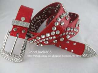 here good luck365 red women rhinestone buckle genuine leather belt