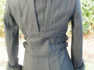 BEBE JACKET coat WOOL black lace FAUX FUR BELTED 186495 long  