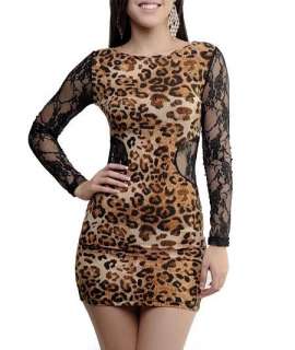 New Brown Animal Print/Lace Long Sleeve Cocktail Party Clubwear Dress 