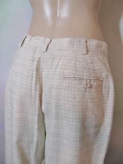    Tan Sz 10 Subtle Plaid Sleek Straight Leg Cotton Linen Pants  